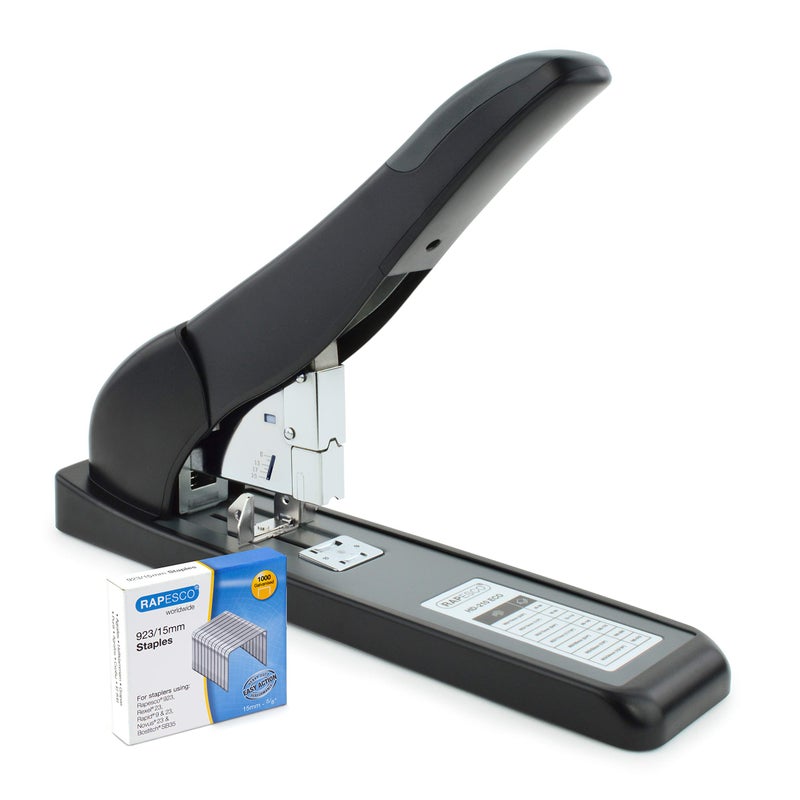 Rapesco 1551 ECO Extra Heavy-Duty Stapler with 1000 Staples Type 923/15mm Heavy-Duty Staples (9/16"")  210 Sheets Capacity  Front Loading  HD-210  Uses Type 923 HD-Staples from 3/8"" to 15/16""  Black - Image 1
